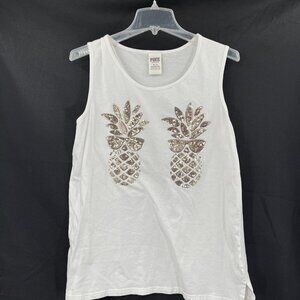 Victoria's Secret Pink Tank Top White Cotton Sequin Bling Pineapple Size Medium